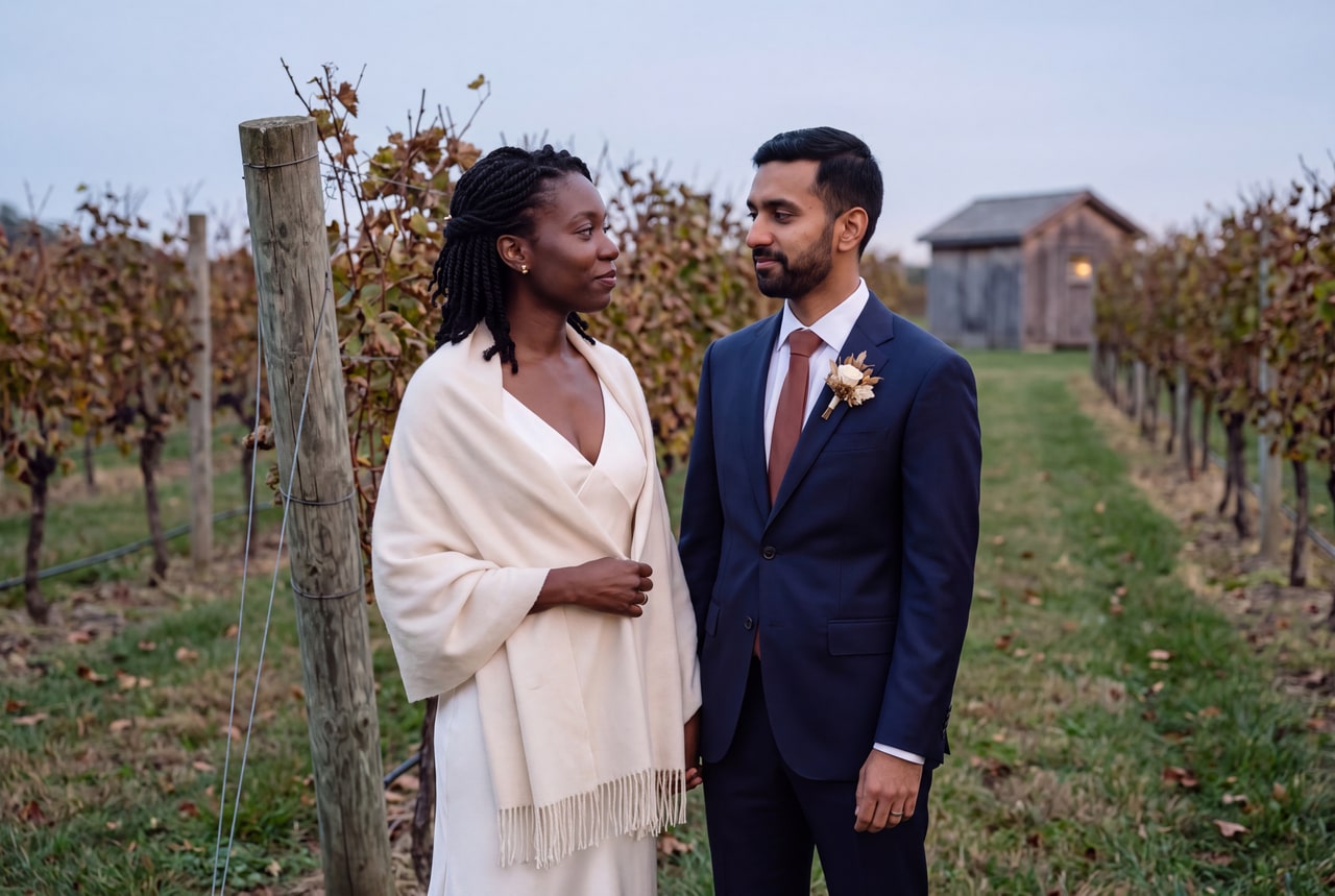 A bride and groom standing beside a vineyard post at dusk, with a cream wool wrap around her shoulders