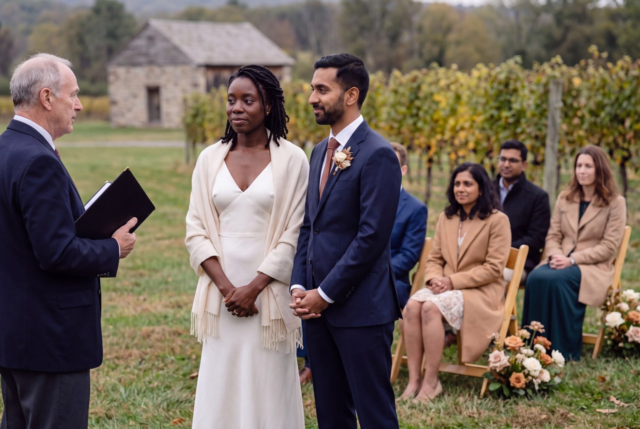 An autumn couple listening to a celebrant’s closing words after the ring exchange in a vineyard ceremony