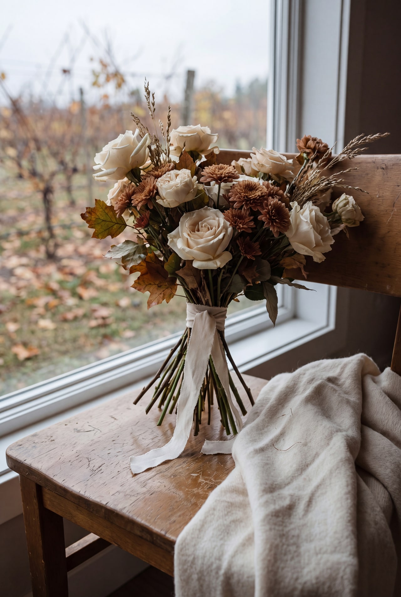 A loose cream-and-rust bouquet with exposed stems leaning against a wooden chair beside a wool wrap