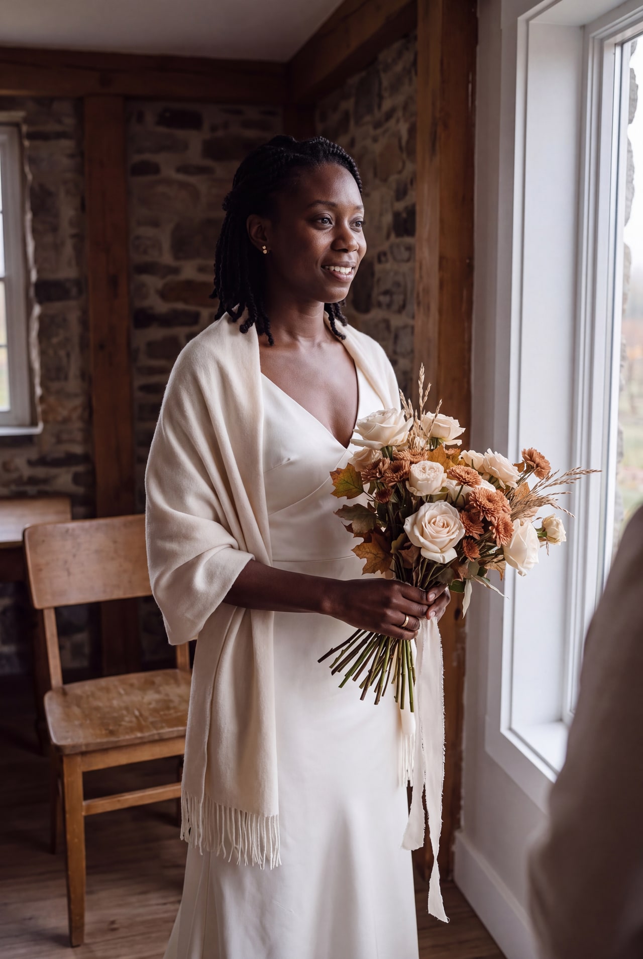 A bride holding a cream-and-rust bouquet beside a window, wearing an ivory dress and wool wrap