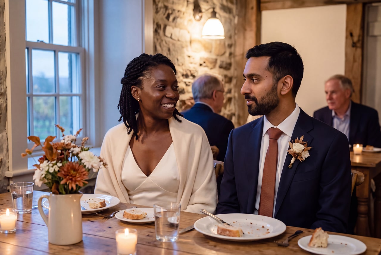 A couple seated together at a candlelit reception table with cream-and-rust flowers