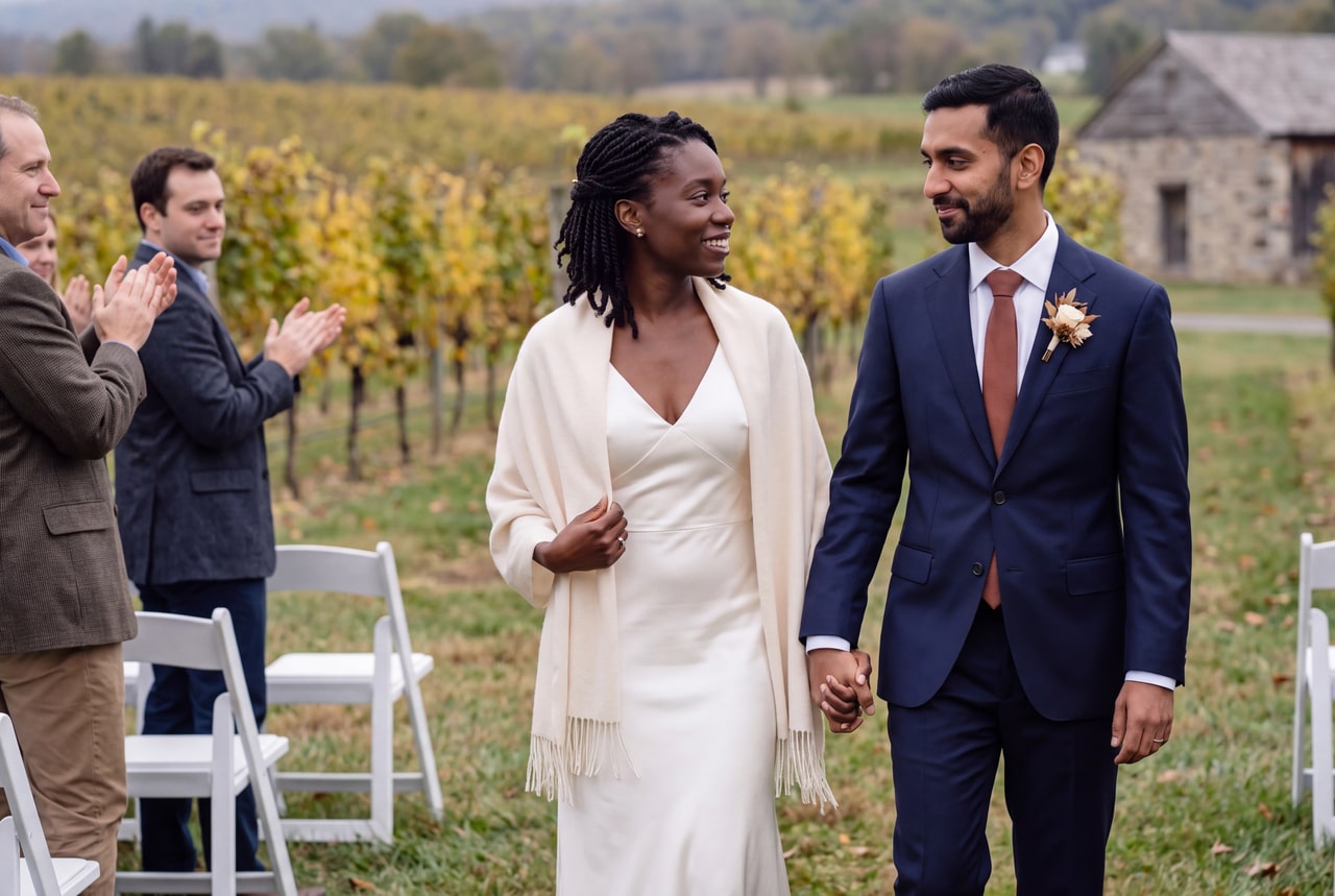 A bride and groom walking back along an autumn vineyard aisle as guests applaud