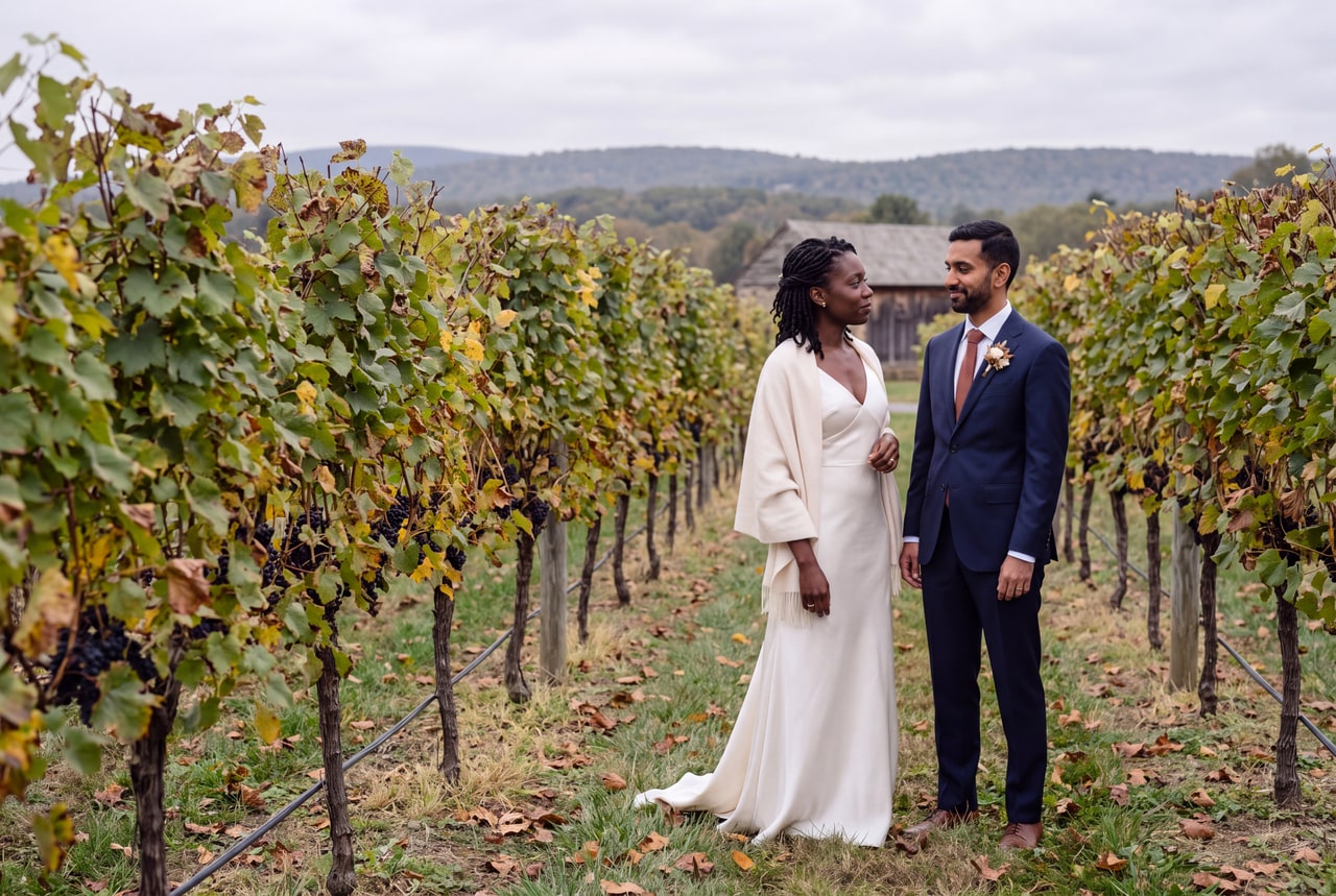 A wedding couple standing beside autumn vineyard rows with changing green and yellow leaves