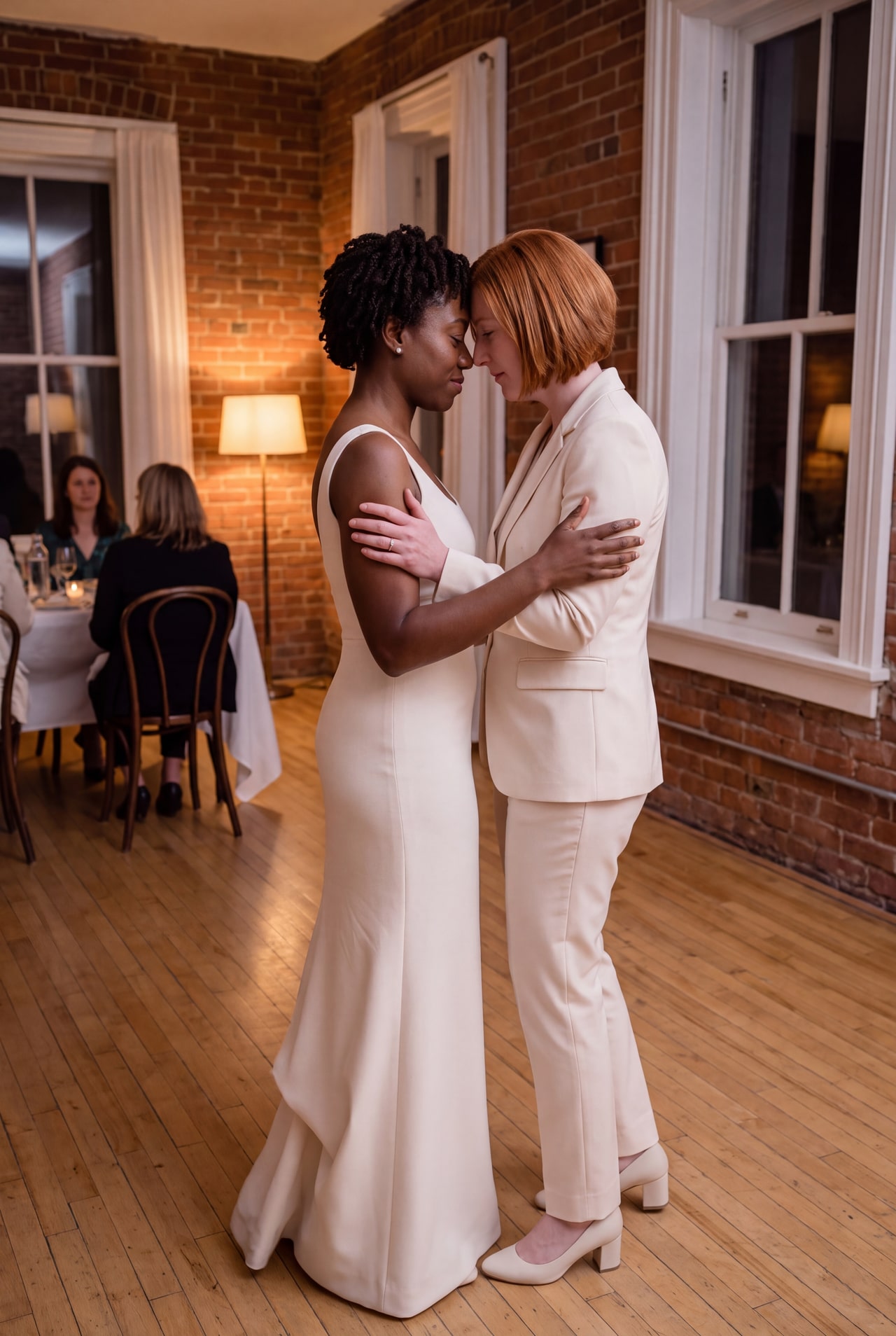 Two brides dancing together at an indoor wedding reception