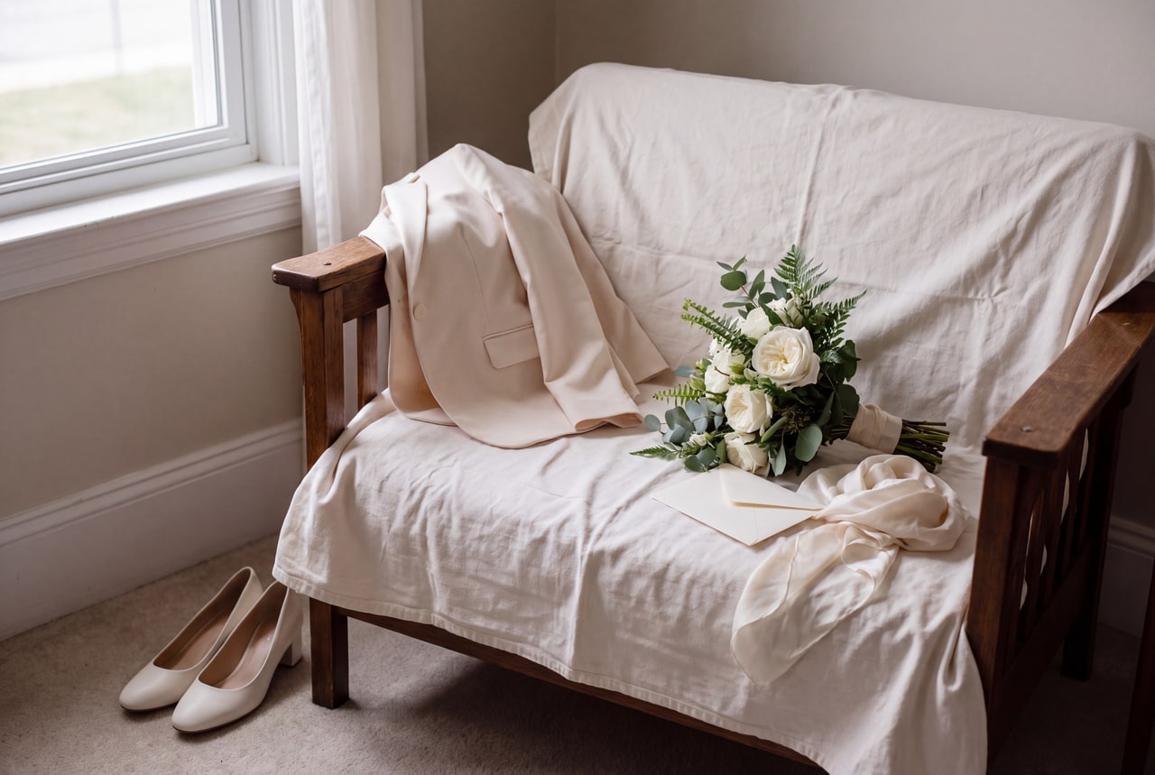 Ivory shoes, a cream tailored jacket and a white-and-green bouquet beside a window