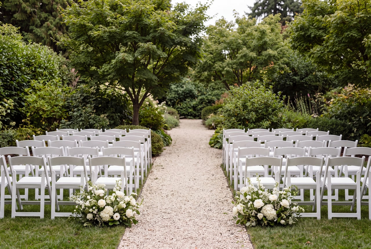 White folding chairs and low cream flowers arranged along a gravel garden aisle