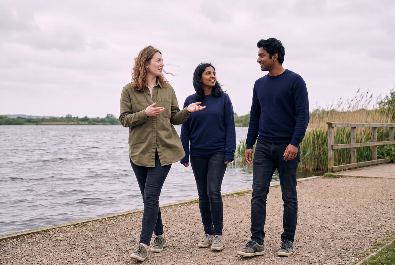 Three adults in casual clothing walking and talking beside a lake under an overcast sky