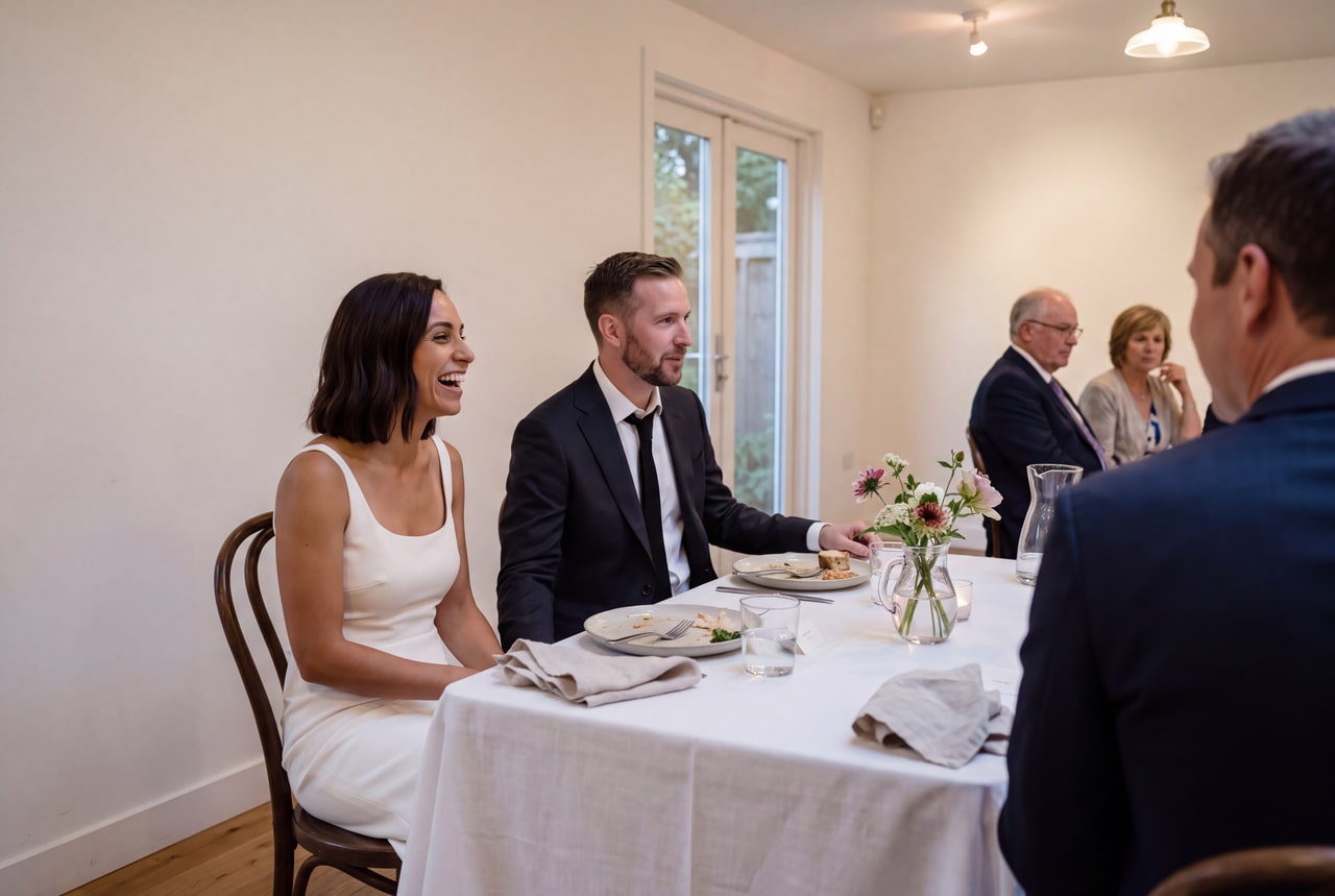 A bride and groom seated among guests at a white-linen reception table