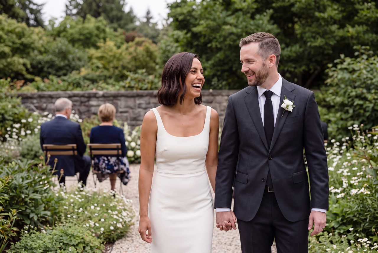 A bride and groom laughing hand in hand in a garden, with seated guests behind them