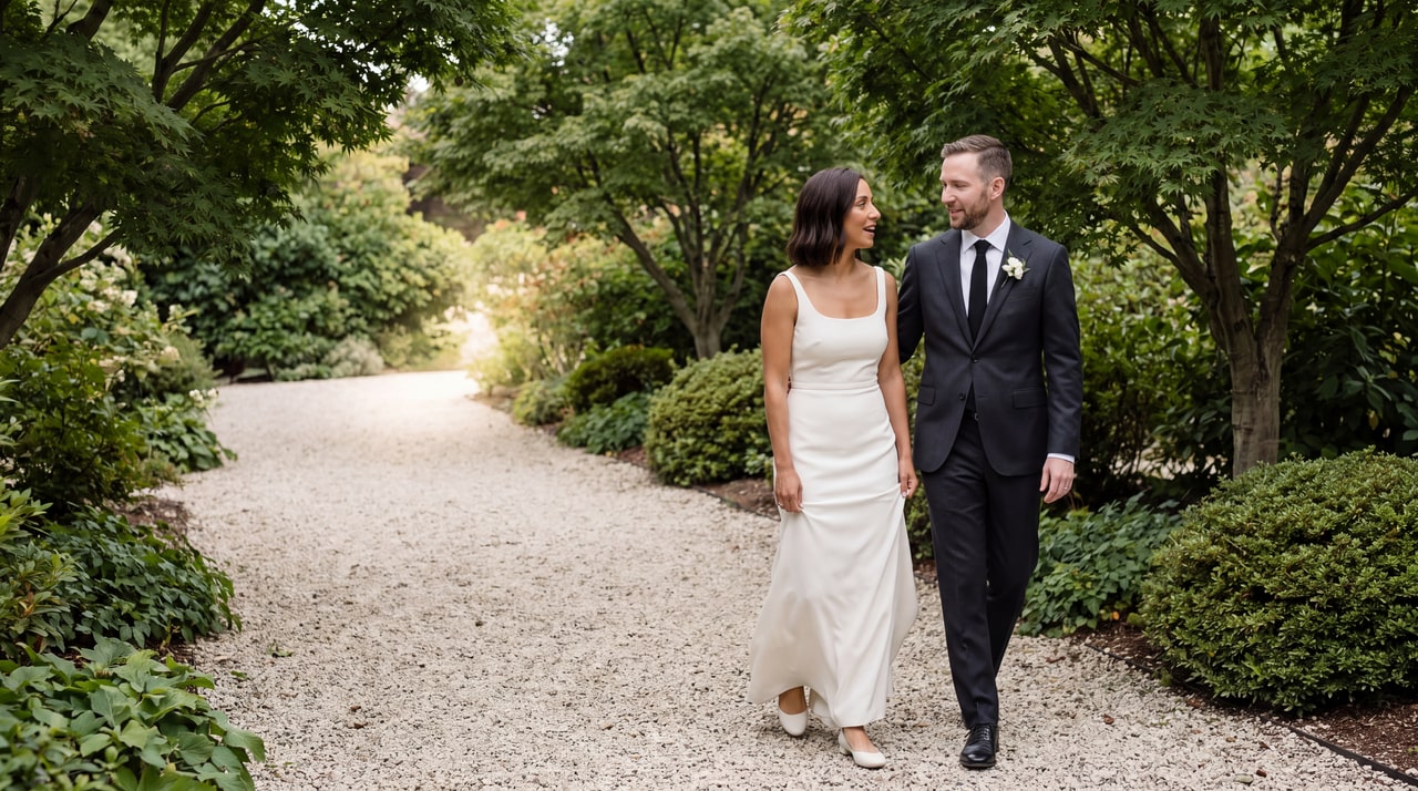 A bride and groom walking along a gravel path beneath leafy garden trees