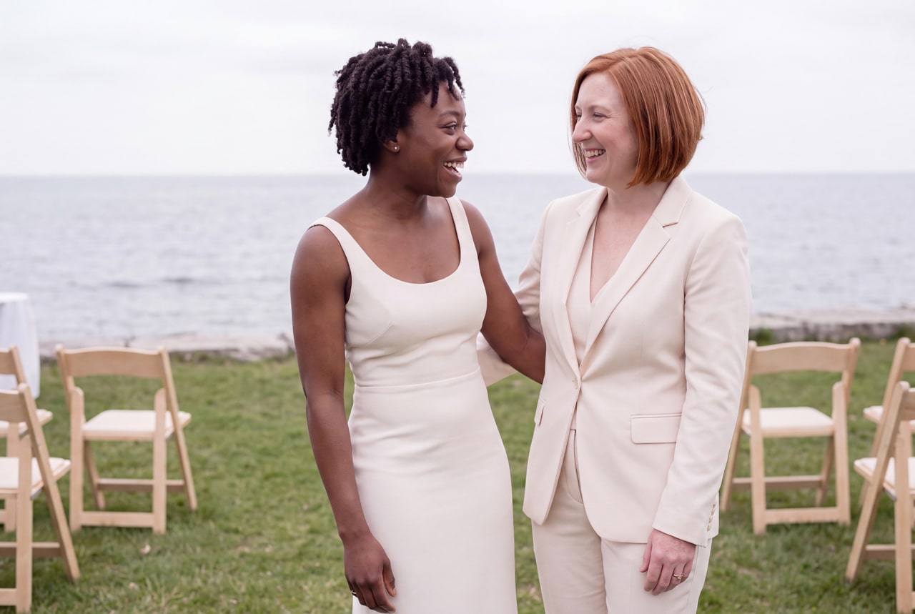 Two brides laughing together on a lakeside lawn, with pale wooden chairs behind them