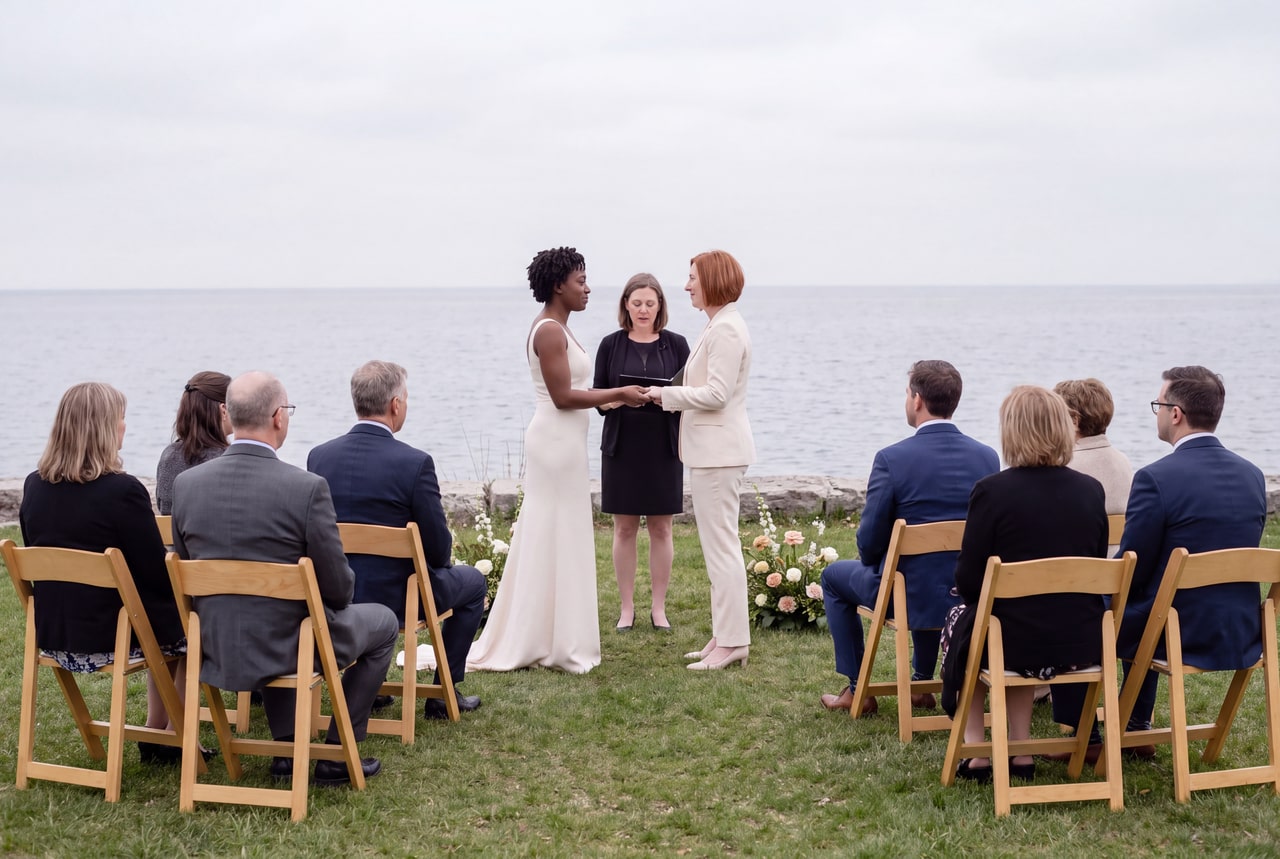 Two brides with a celebrant on a lakeside lawn as guests watch from wooden chairs