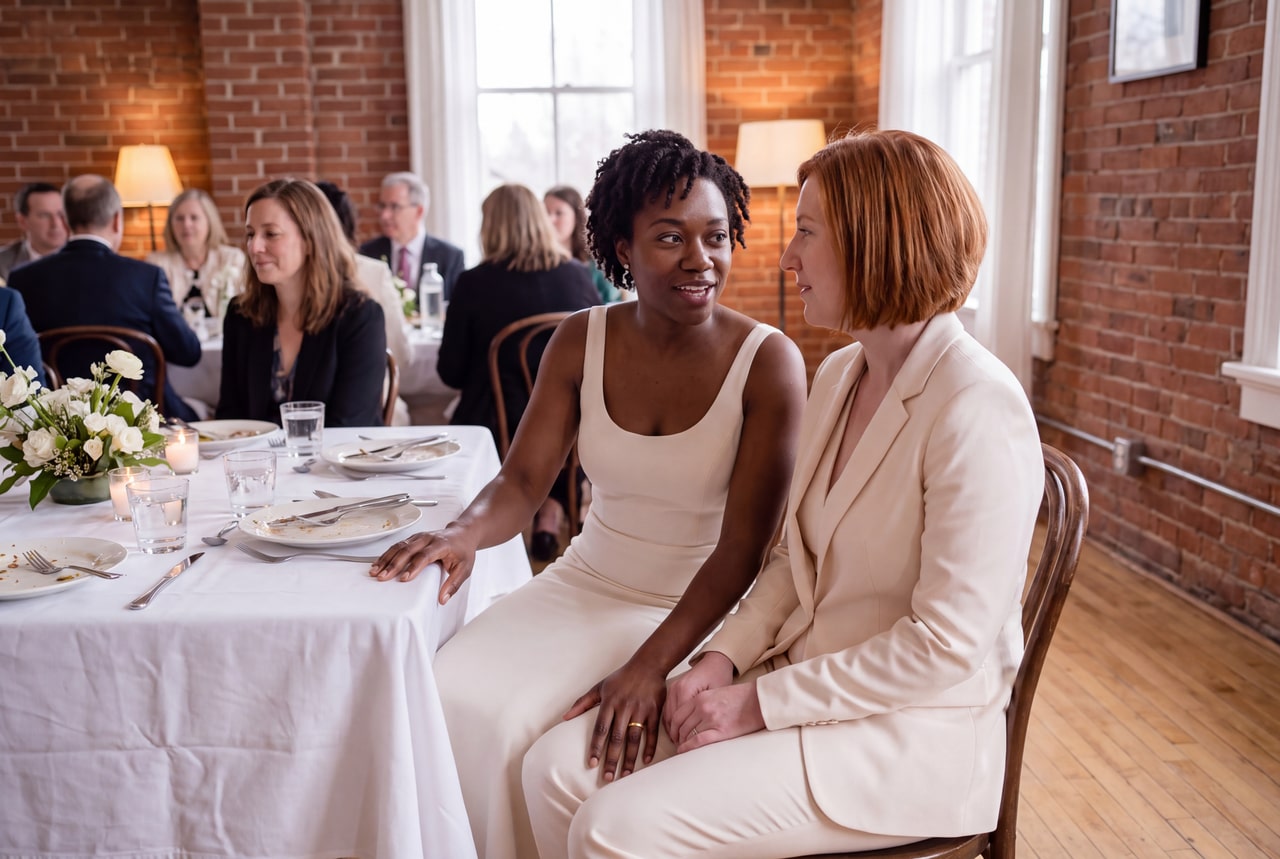 Two brides seated together among guests at a reception dinner