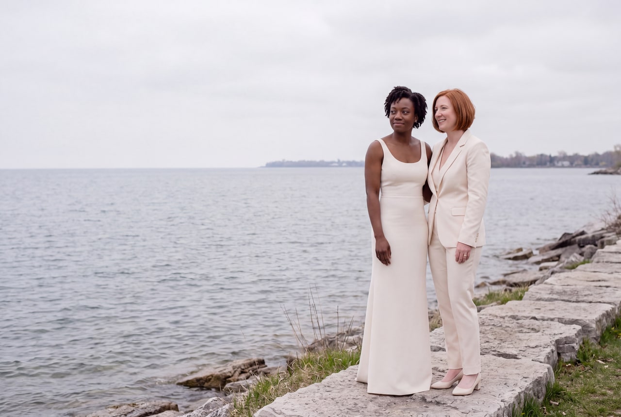 Two brides standing together on a stone shoreline beside a grey lake