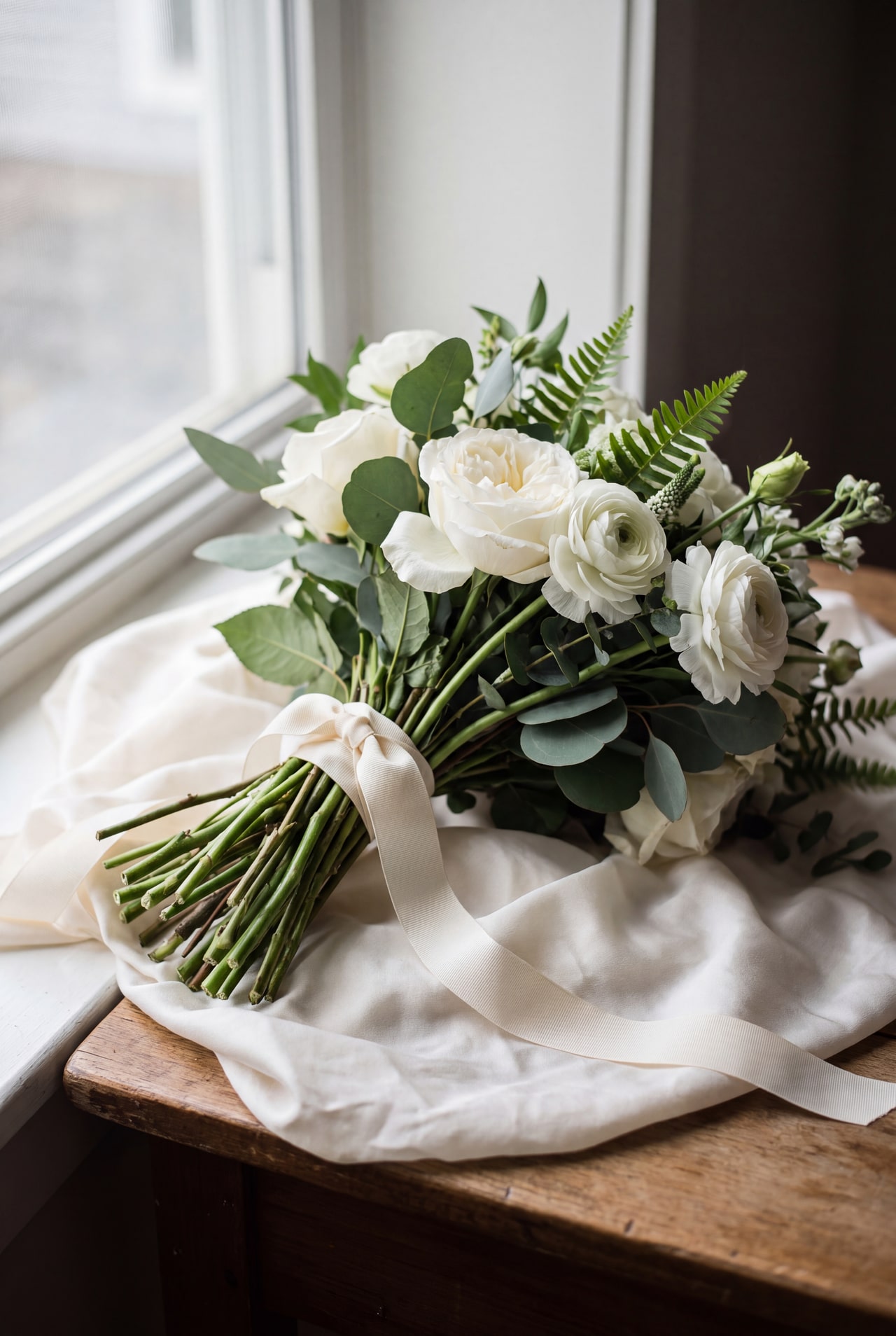 A white-and-green bouquet resting on folded ivory fabric beside a window