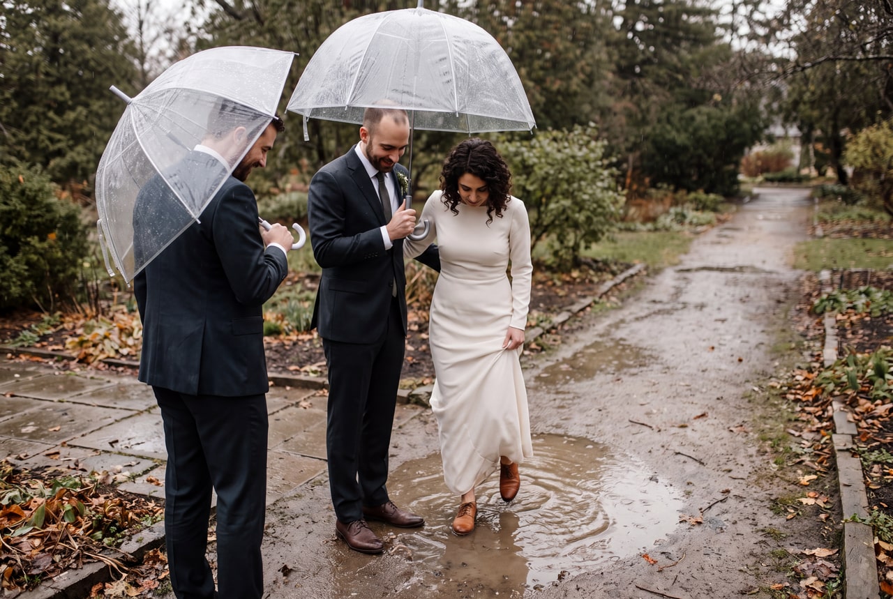 A bride and two men in dark suits walking under clear umbrellas on a wet garden path