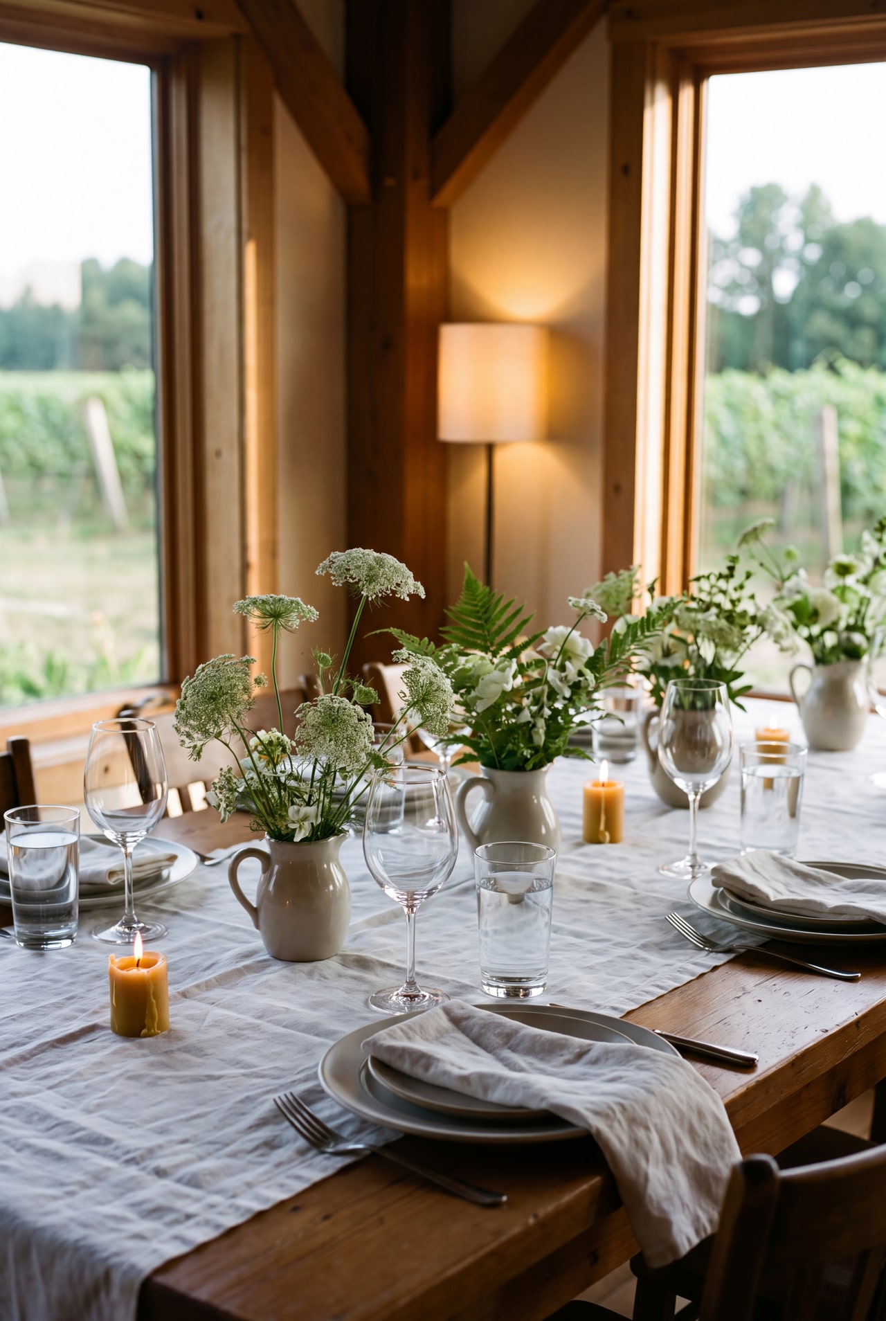 A wedding table beside tall windows, set with linen, cream flowers and candles