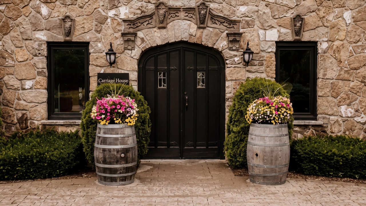 Stone Carriage House entrance at Vineland Estates, framed by black doors, windows and flower-filled barrels.