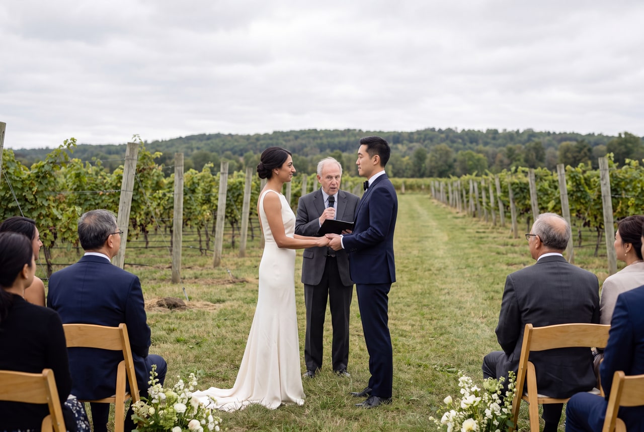 A couple holding hands before a celebrant between vineyard rows, with guests along the aisle
