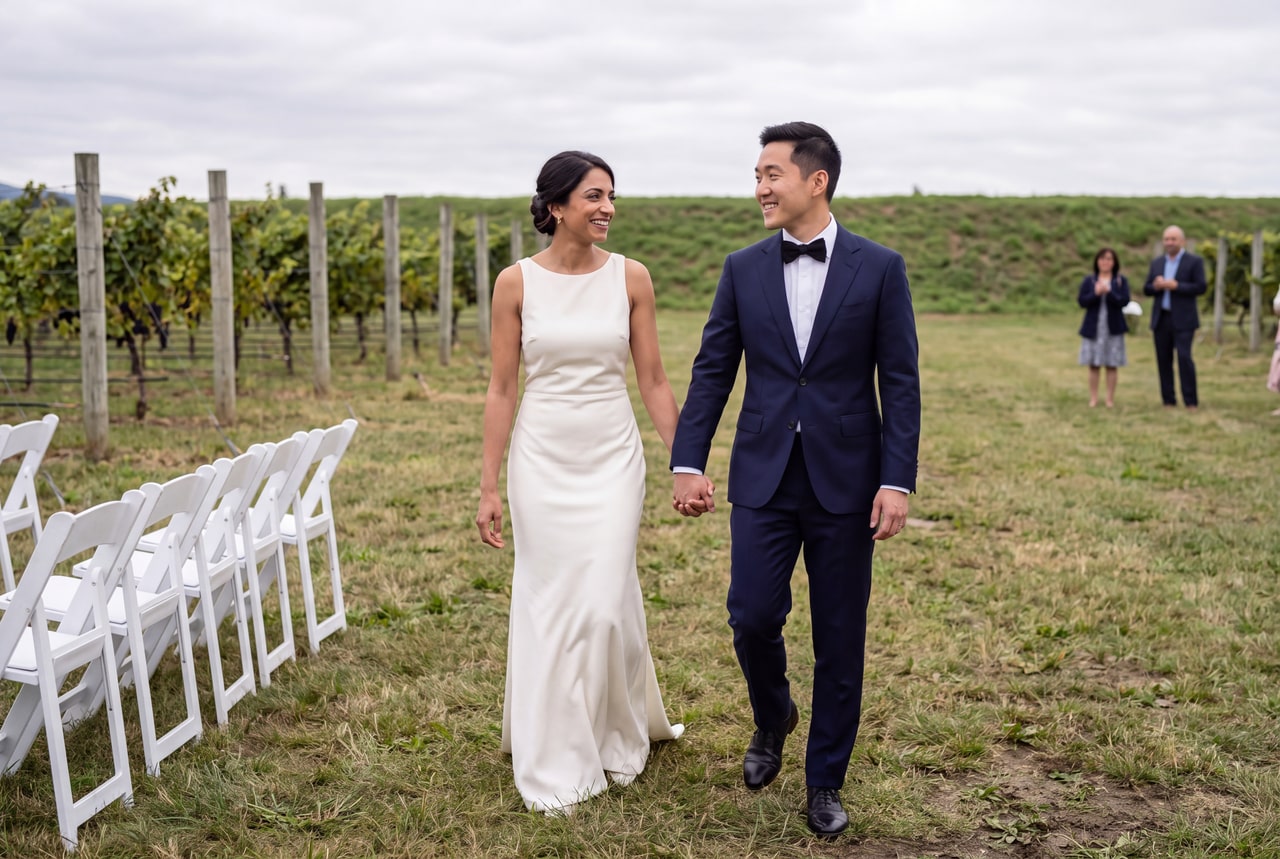 A bride and groom walking hand in hand beside vineyard ceremony chairs, with guests applauding in the distance