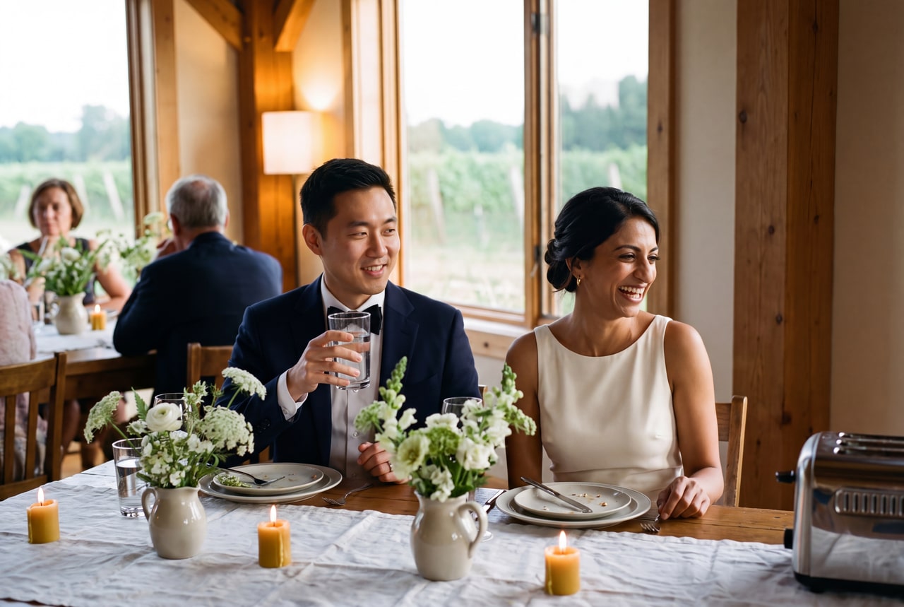 A groom holding a glass beside the smiling bride at a window-lit reception table