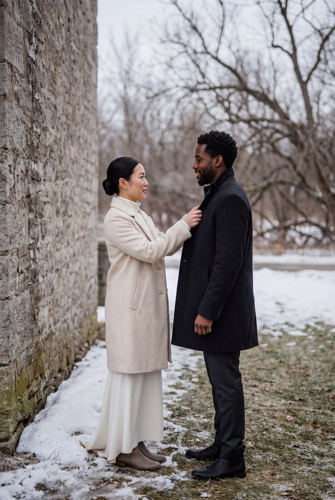 A couple in ivory and dark winter coats facing each other among bare trees and snow